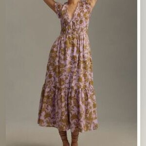 Anthropologie Lavender and Mustard Floral V‑Neck Midi Dress